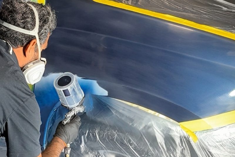 A technician in a respirator spraying paint along a masked blue hood