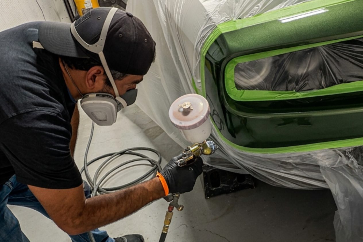 A technician in a respirator spraying the masked front of a green car