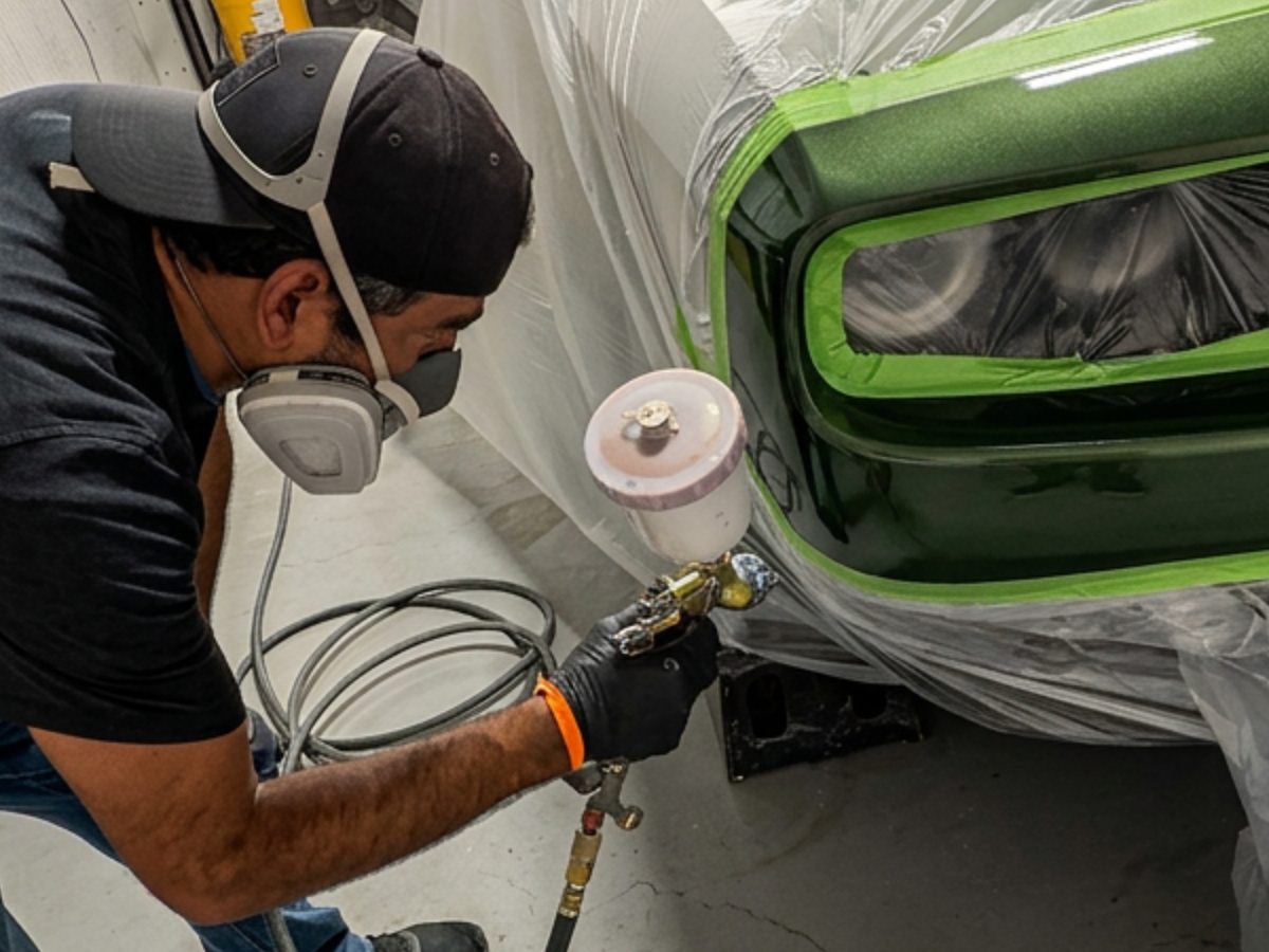 A technician in a respirator spraying the masked front of a green car